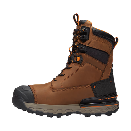 A brown leather lace-up work boot with black protective toe cap, black ankle support, and orange accents, shown from a side profile on a white background.