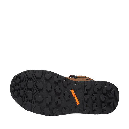 A close-up bottom view of a brown hiking boot showing its black treaded outsole with a small orange Vibram logo.