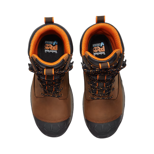 A pair of brown leather work boots with black and orange accents, shown from a top-down view on a white background.