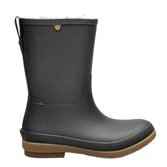 A single mid-calf rain boot in matte black rubber with a tan outsole and a small circular logo badge near the top collar, shown on a plain white background.