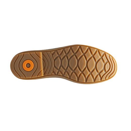 The outsole of a shoe shown from a top-down view, featuring a tan and brown wavy tread pattern with an orange circular logo on the heel.