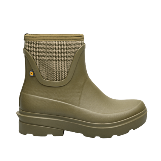 An olive green rubber rain boot with a brown and beige houndstooth patterned knit collar, shown from a side profile on a white background.