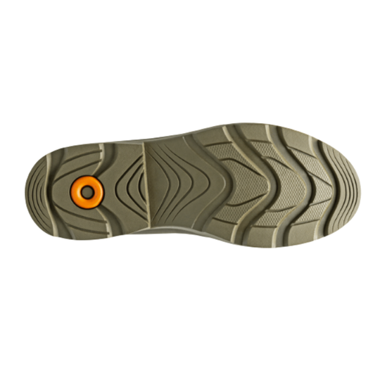 The outsole of a shoe in olive green with a bright orange circular accent on the heel, shown against a plain white background.