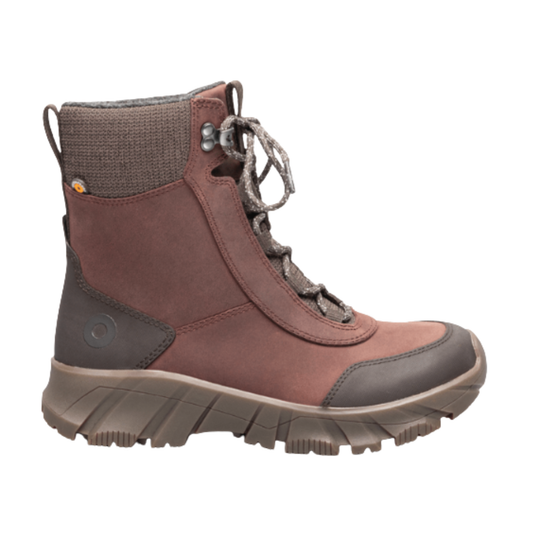 A mid-calf lace-up hiking boot in brown and gray suede and textile materials, shown from a side profile on a white background.