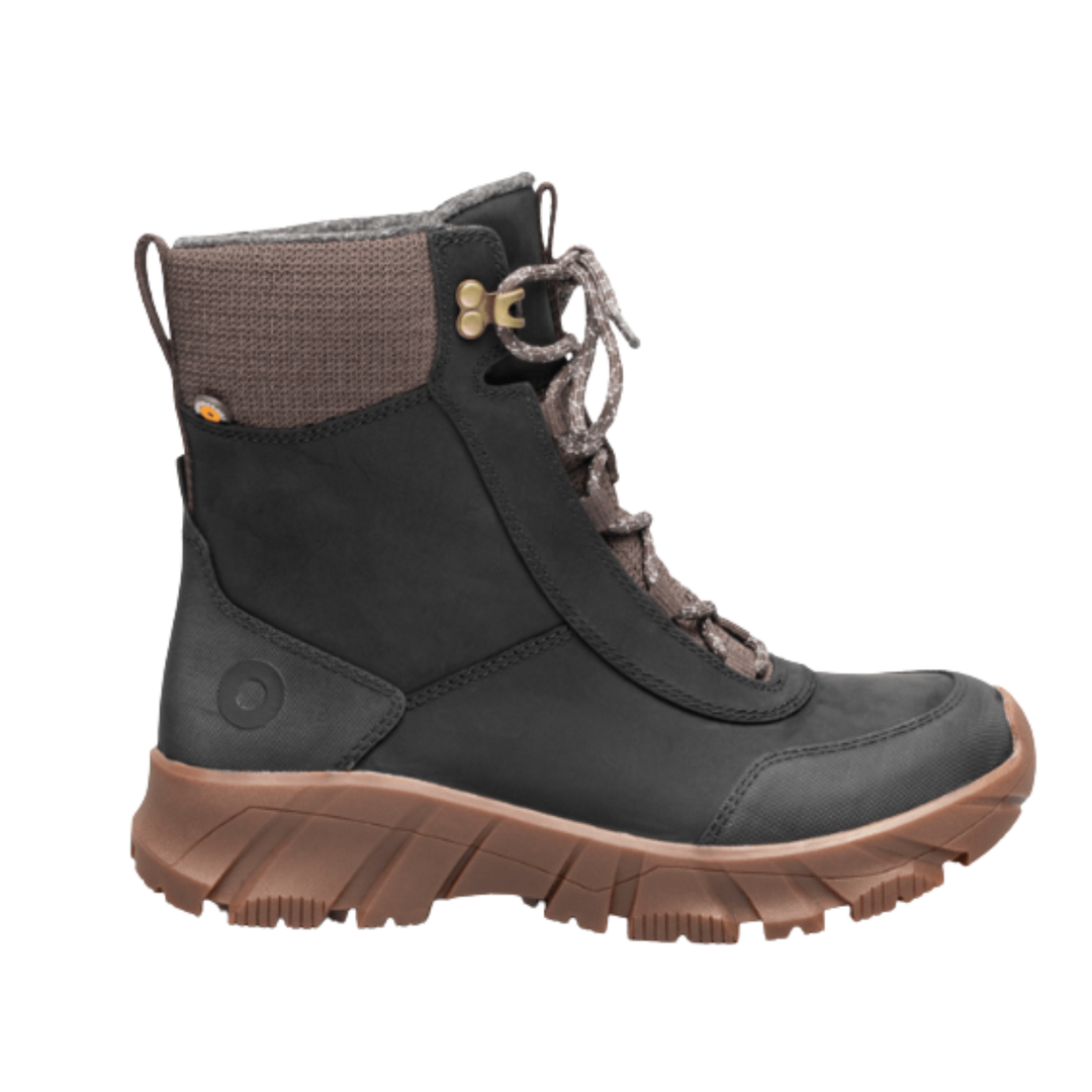 A dark gray and brown ankle hiking boot with a rugged brown sole, shown from a side profile on a white background.