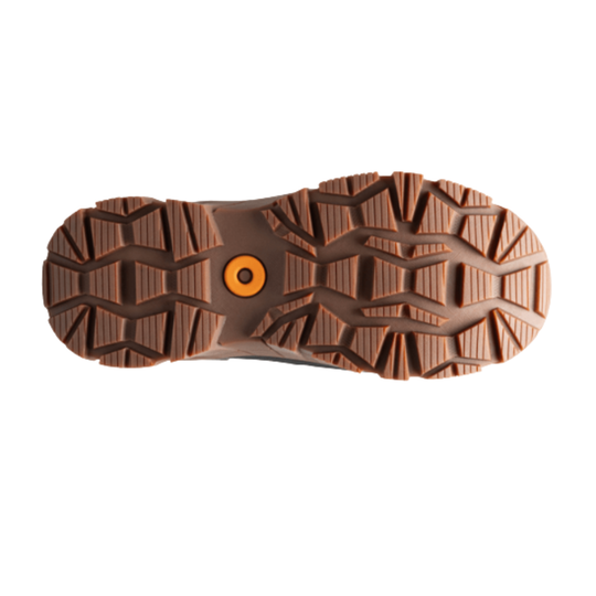 The outsole of a brown boot or shoe, showing a detailed tread pattern and a small orange circular logo in the center, isolated on a white background.