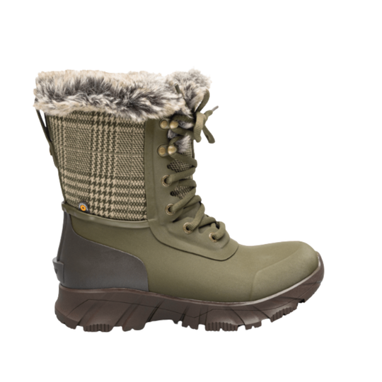 An olive green lace-up winter boot with a gray and black houndstooth patterned collar, faux fur trim, and a dark brown sole, shown against a plain white background.