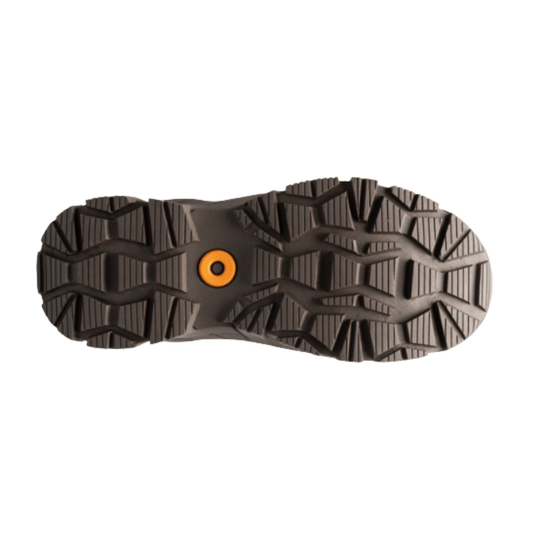 A top-down view of a dark brown rugged shoe sole with a textured tread pattern and a small orange circular accent in the center, isolated on a white background.