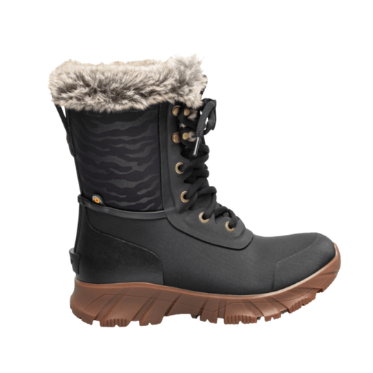 A black lace-up winter boot with a gray faux-fur trim at the top, a textured black side panel, and a brown sole, shown against a plain white background.