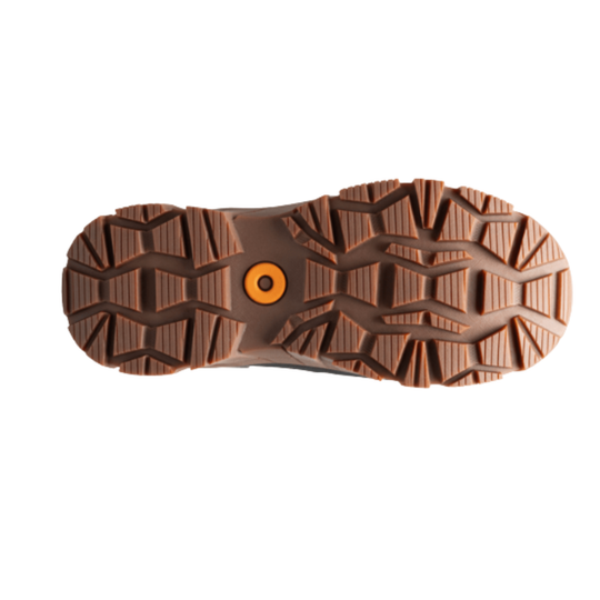 A top-down view of a brown textured rubber shoe sole with a small orange circular accent in the center, shown on a plain white background.