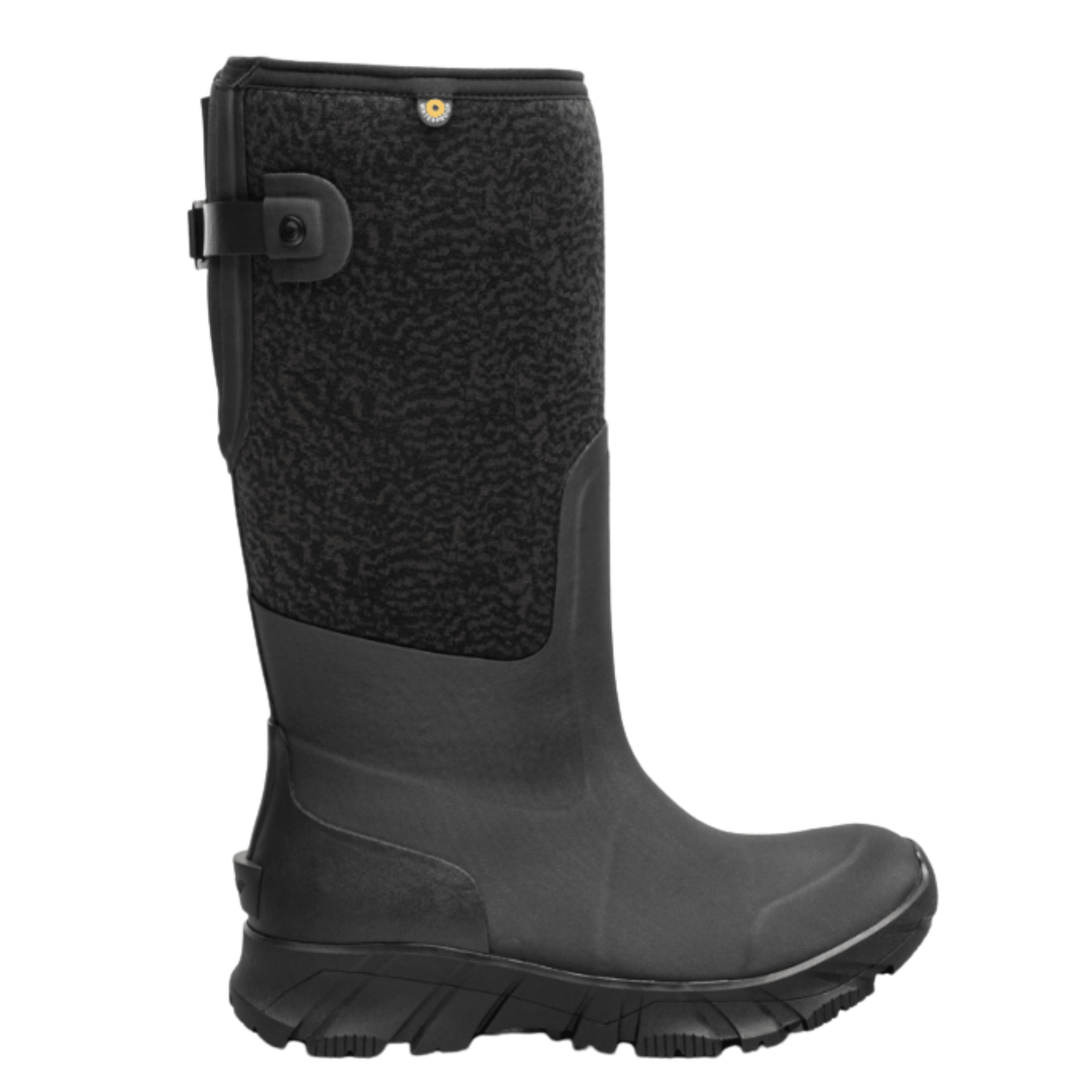 A single black tall rubber boot with a textured black upper panel and a side buckle strap, shown in profile against a plain white background.