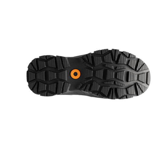 A top-down view of a black textured rubber shoe sole with a small orange circular accent in the center, shown on a plain white background.
