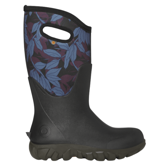 A single mid-calf boot with a black rubber lower body and sole, featuring a black, purple, and blue leaf-patterned upper collar with a cutout handle.