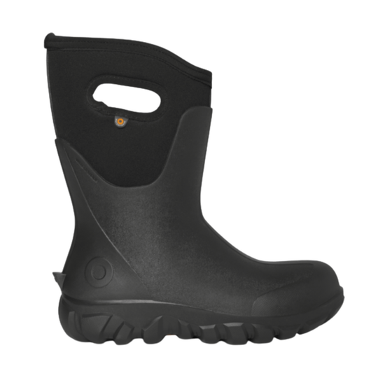 A single black mid-calf rubber boot with a handle cutout on the side, shown in profile against a plain white background.