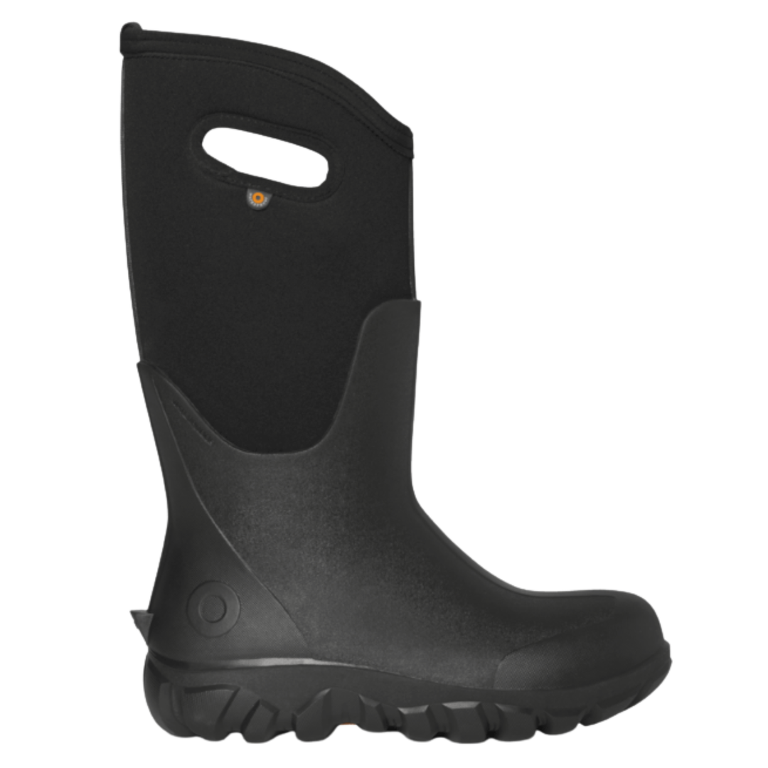 A single black neoprene mid-calf boot with a rubber toe and sole, featuring a cutout handle on the side, shown against a plain white background.