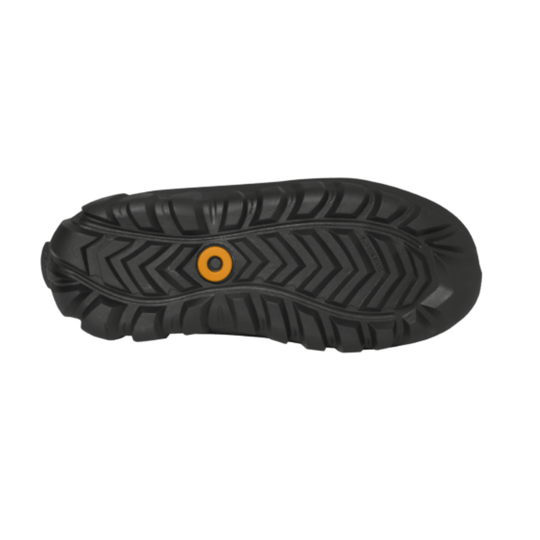 A black textured rubber shoe sole with a central orange circular accent, shown from a top-down view on a white background.