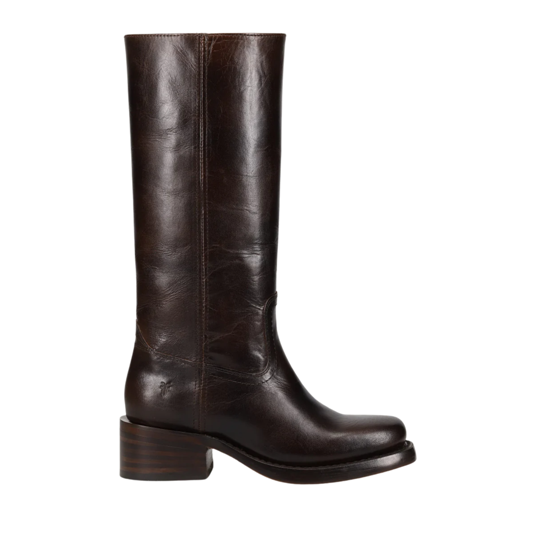A dark brown leather knee-high boot with a low stacked heel, shown in a side profile view against a plain white background.