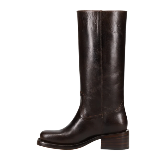 Dark brown leather boot with a buckle on a white background