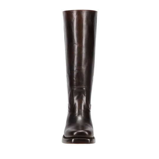 A single dark brown leather knee-high boot shown from the front against a plain white background.