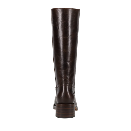 A single dark brown leather knee-high boot shown from the back against a plain white background.