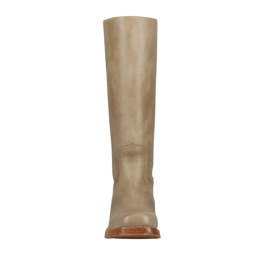 A single knee-high leather boot in a light taupe-beige color with a brown sole, shown from a front-facing perspective on a solid white background.