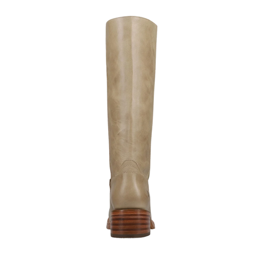A single knee-high leather boot in a light taupe-beige color with a brown sole, shown from a back-facing perspective on a solid white background.