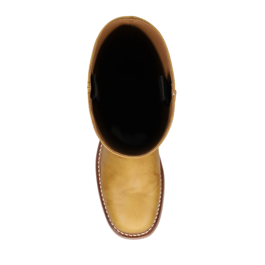 Top-down view of a light tan leather ankle boot on a solid white background.