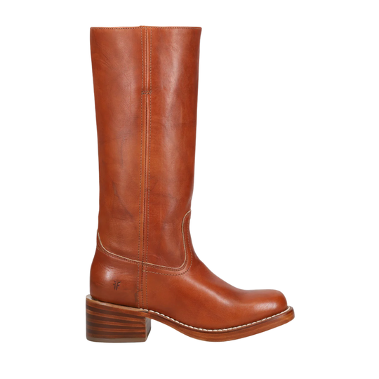 A single mid-calf leather boot in a warm cognac brown color, shown from a side profile view against a plain white background.