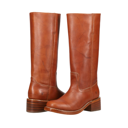 A pair of mid-calf brown leather boots with stacked wooden-look heels, shown against a plain white background.