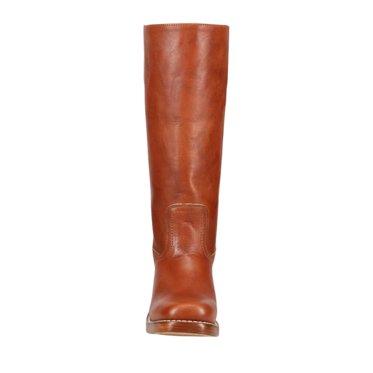 A single knee-high leather boot in a warm cognac brown color, shown from a front-facing perspective against a plain white background.