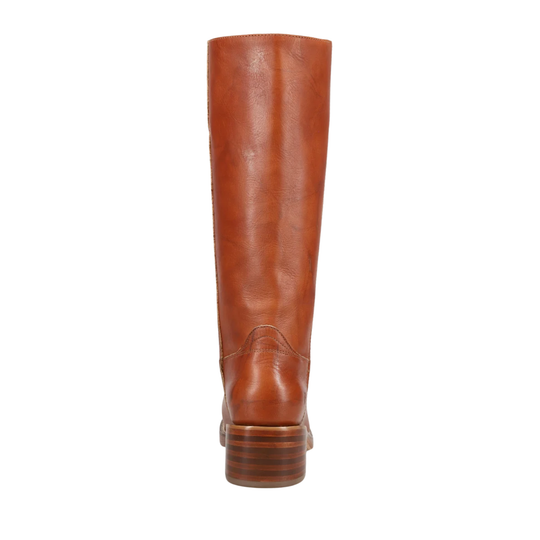 A single brown leather knee-high boot shown from the back against a plain white background.