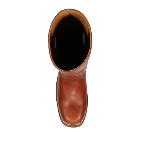 A top-down view of a brown leather boot on a solid white background.