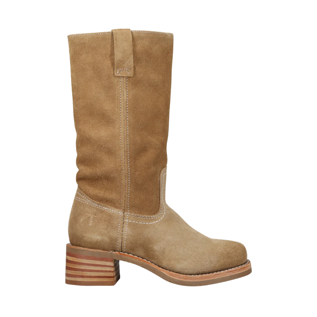 A mid-calf western boot in tan suede, featuring a stacked wooden block heel and contrast stitching, shown from a side profile on a white background.