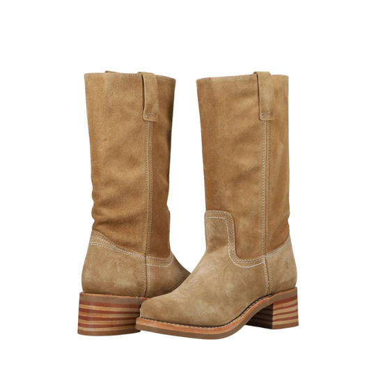 A pair of mid-calf western boots in tan suede, featuring stacked wooden heels and contrast stitching, shown against a plain white background.