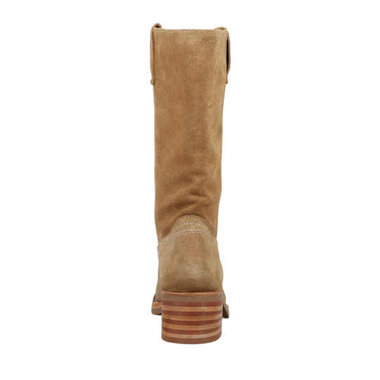 A single mid-calf western boot in tan suede, shown from the back against a plain white background.