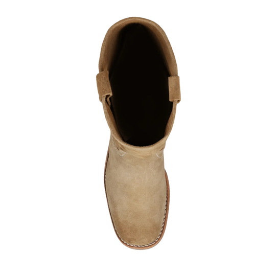 A top-down view of a light tan suede ankle boot with a dark interior, shown against a plain white background.