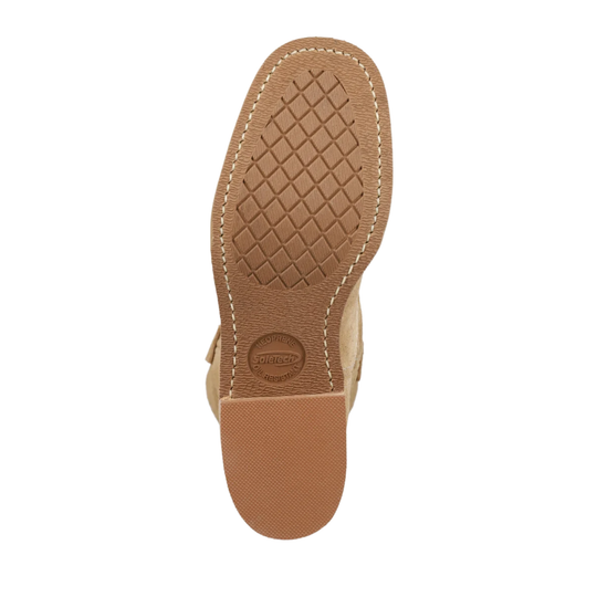 Top-down view of a tan leather shoe sole with a diamond-pattern tread and a circular 'Soletech' brand stamp on the heel, set against a plain white background.