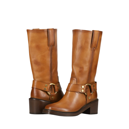 A pair of mid-calf brown leather boots with dark brown block heels and decorative buckle straps around the ankle, shown against a plain white background.