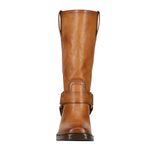 A single mid-calf leather boot in a warm tan-brown color, shown from the front against a plain white background.