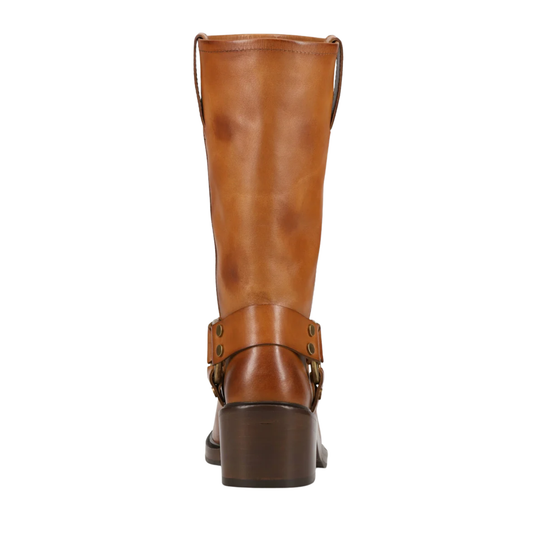 A single mid-calf leather boot shown from the back, featuring a warm tan-brown leather shaft with a matching leather backstrap and dark brown block heel, set against a plain white background.