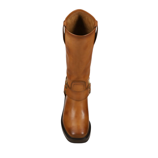 A single mid-calf brown leather boot shown from a top-down view against a plain white background.