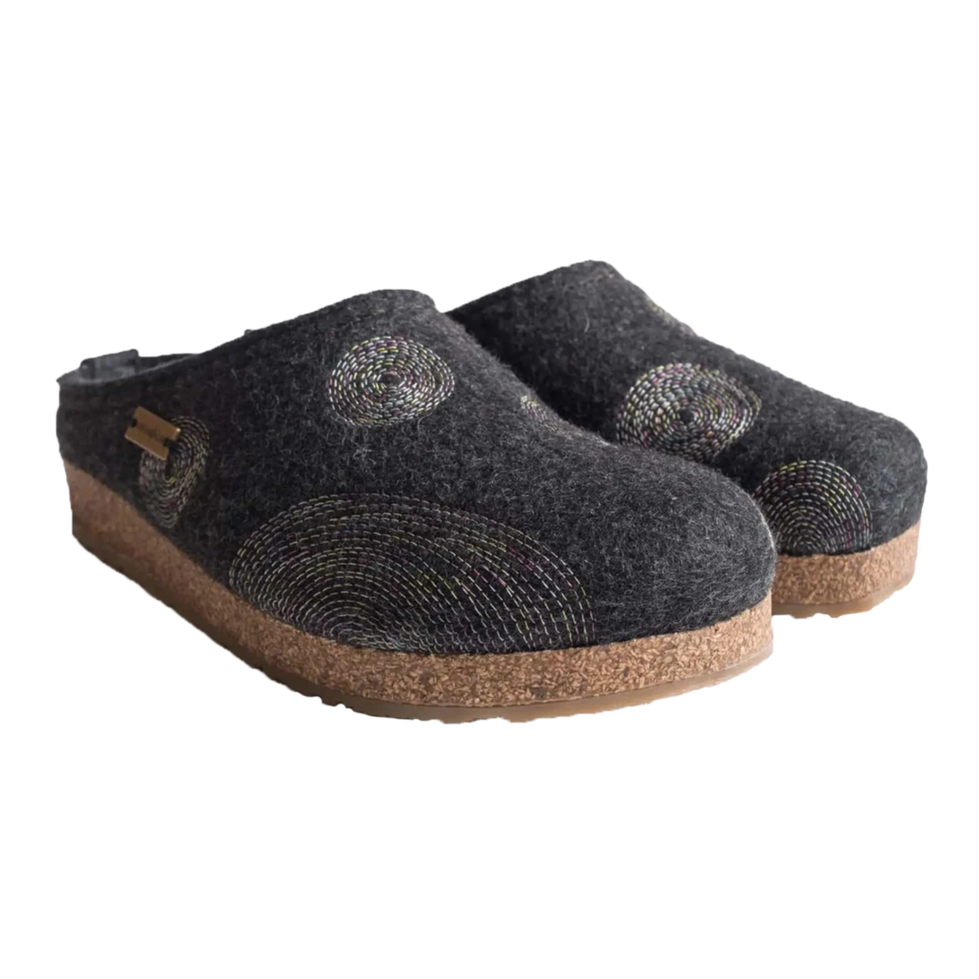 A pair of dark gray felt slip-on clogs with circular woven details on the upper and a natural cork-wrapped sole, shown against a plain white background.