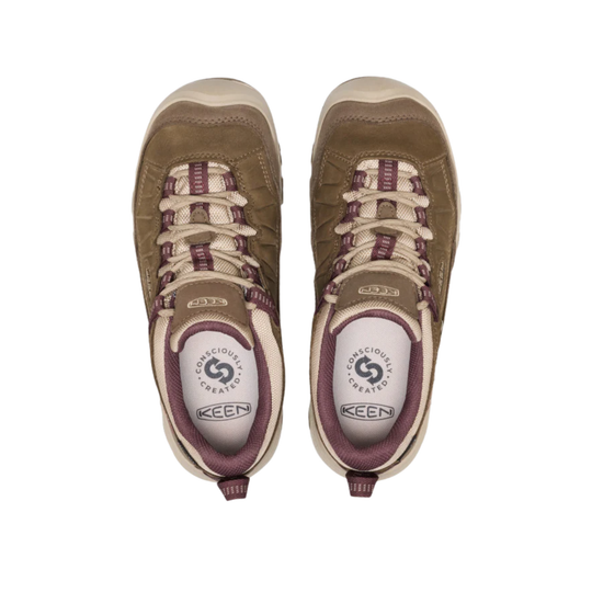 A pair of Keen casual lace-up shoes shown from a top-down view on a plain white background. The shoes feature a brown suede upper with beige panels, beige laces, and burgundy accents on the laces and inner lining.