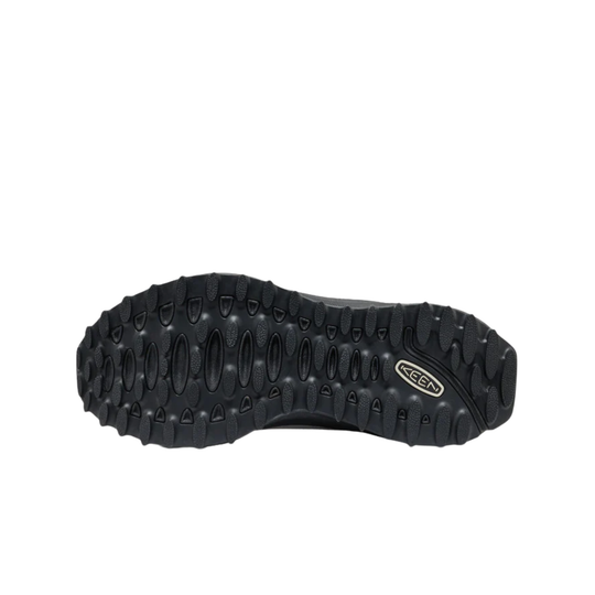 A close-up view of a black outdoor shoe sole with deep lugs and a small white Keef logo, shown against a plain white background.