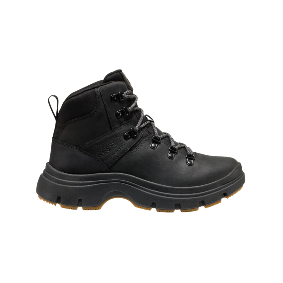 A black K-SPLASH mid-calf hiking boot with a thick black sole and gray laces, shown in a side profile on a white background.