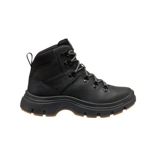 A black K-SPLASH mid-calf hiking boot with a thick black sole and gray laces, shown in a side profile on a white background.