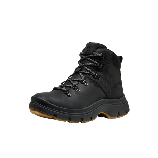 A black high-top lace-up boot with a thick black sole and a contrasting brown outsole, shown from a three-quarters angle on a plain white background.