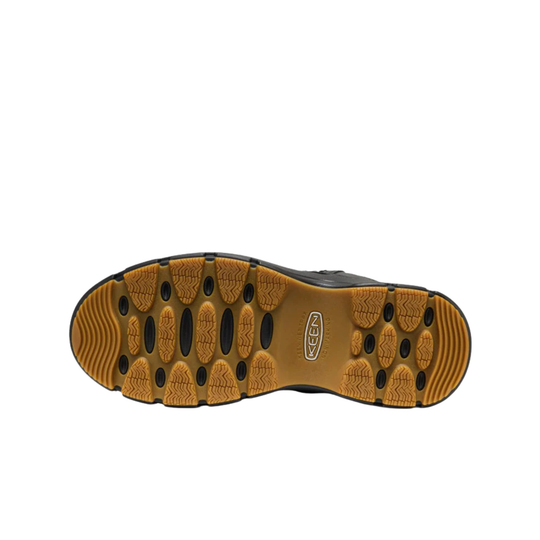 A close-up view of a shoe's outsole, showing a tan and brown tread pattern with black grooves and a small visible Keen logo in the center.