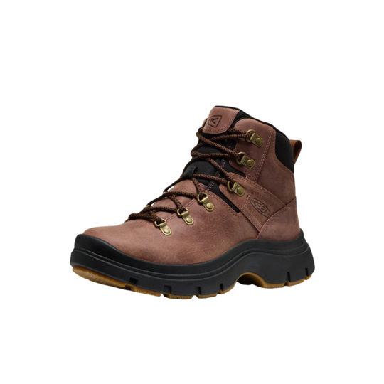 A brown leather hiking boot with black laces, black collar lining, and gold-tone metal eyelets, shown from a side profile on a white background.