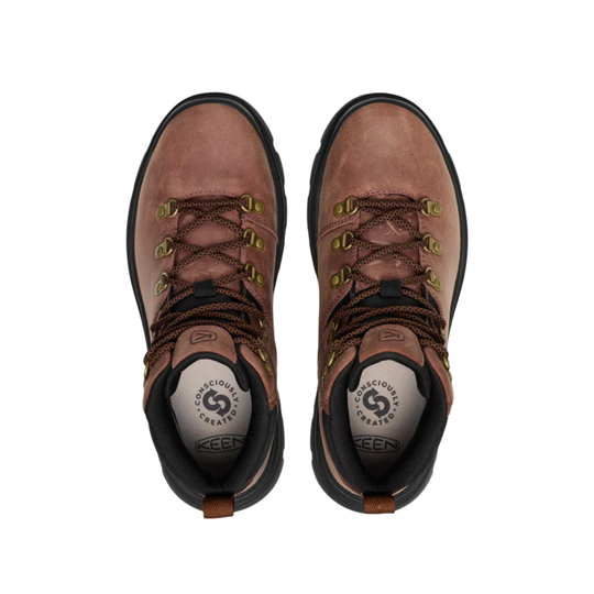 A pair of brown Keen hiking boots shown from a top-down view on a plain white background.
